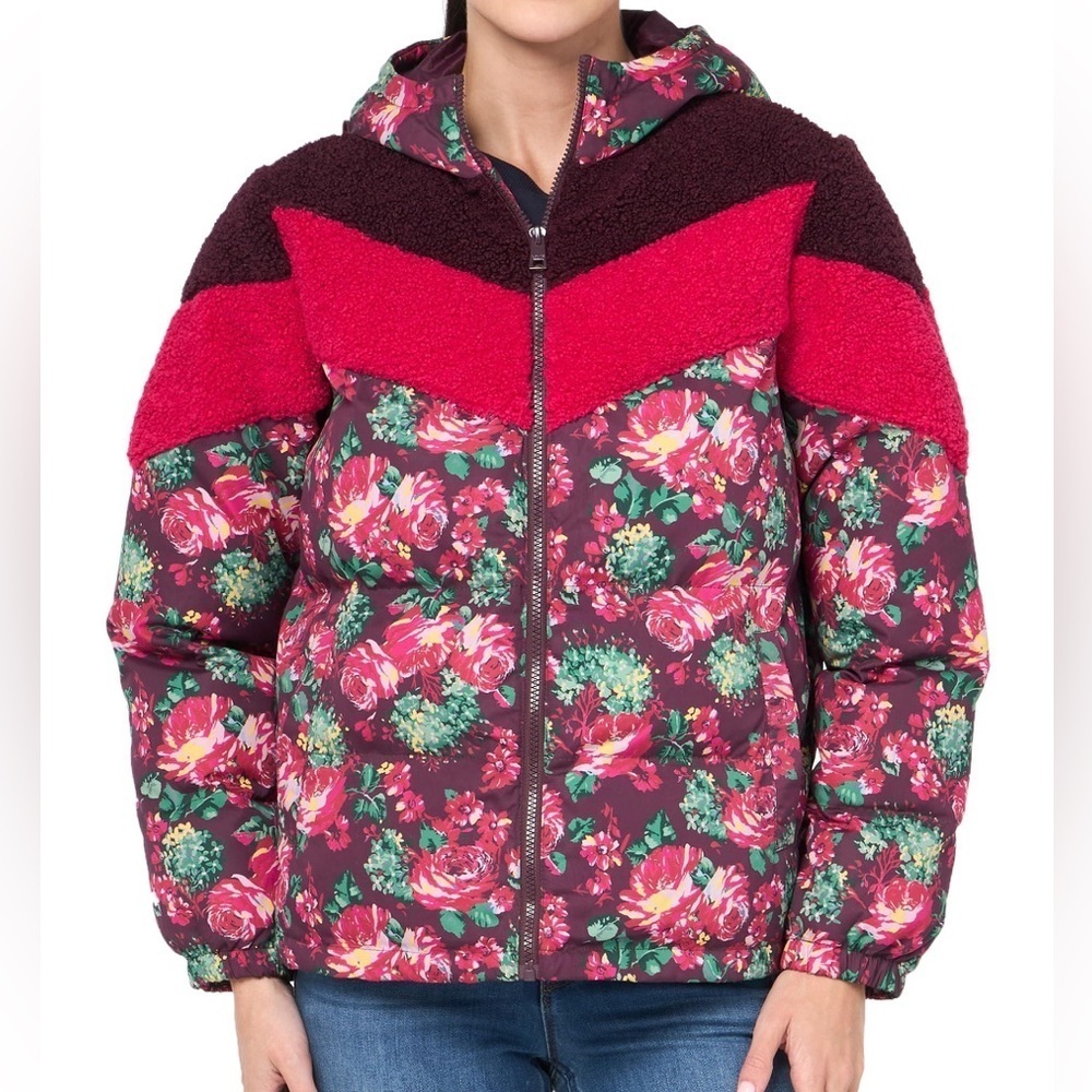 Levi's Floral Burgundy Red Hooded Puffer Jacket